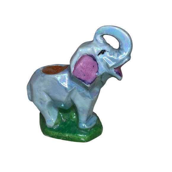 Vintage Lusterware Ceramic Elephant Figurine Pincushion Trunk Up - Picture 1 of 7